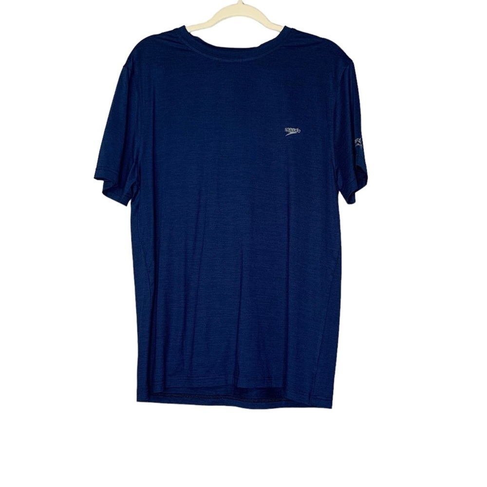 SPEEDO UV‎ Block the Burn 50+ men’s Swim Shirt blue stripe Short Sleeves. Size L